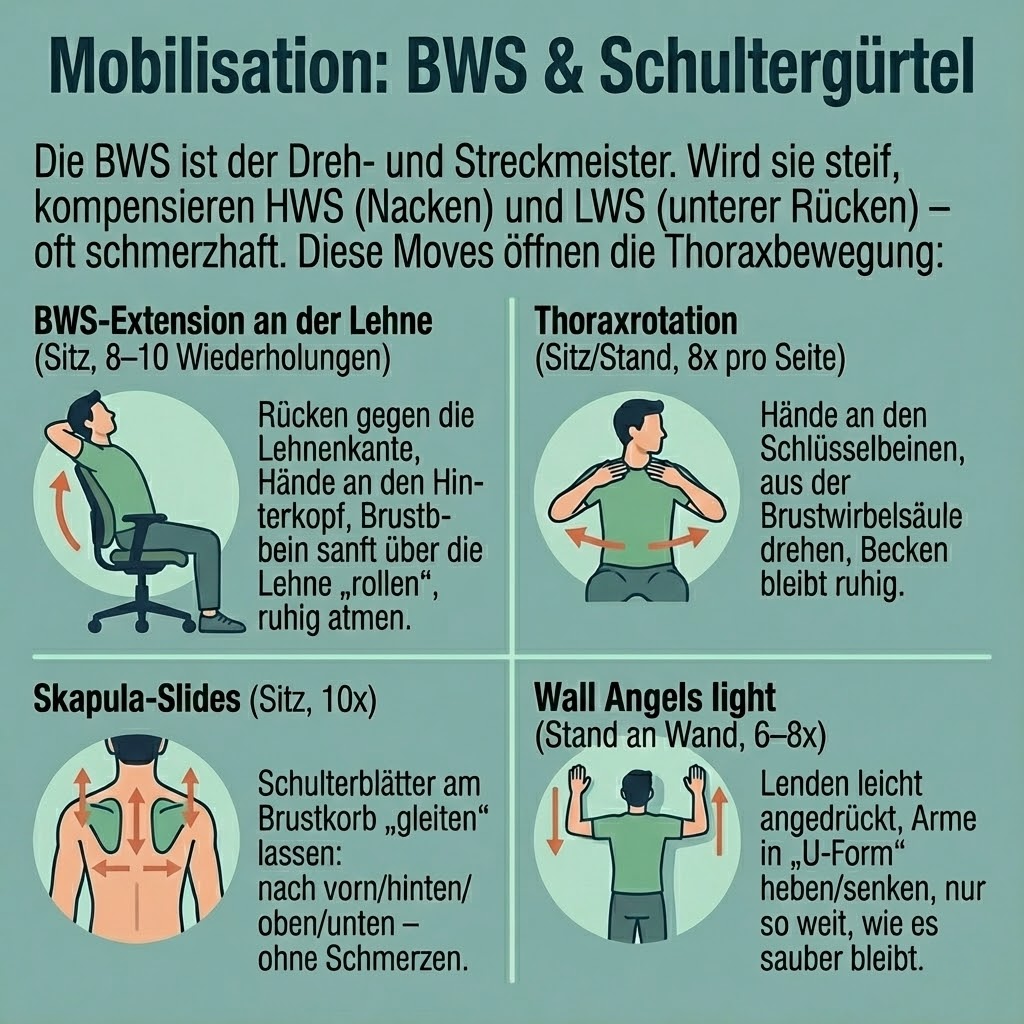 Mobilisation der Brustwirbelsäule (BWS) und des Schultergürtels – sanfte Übungen zur Entlastung von Nacken und unterem Rücken