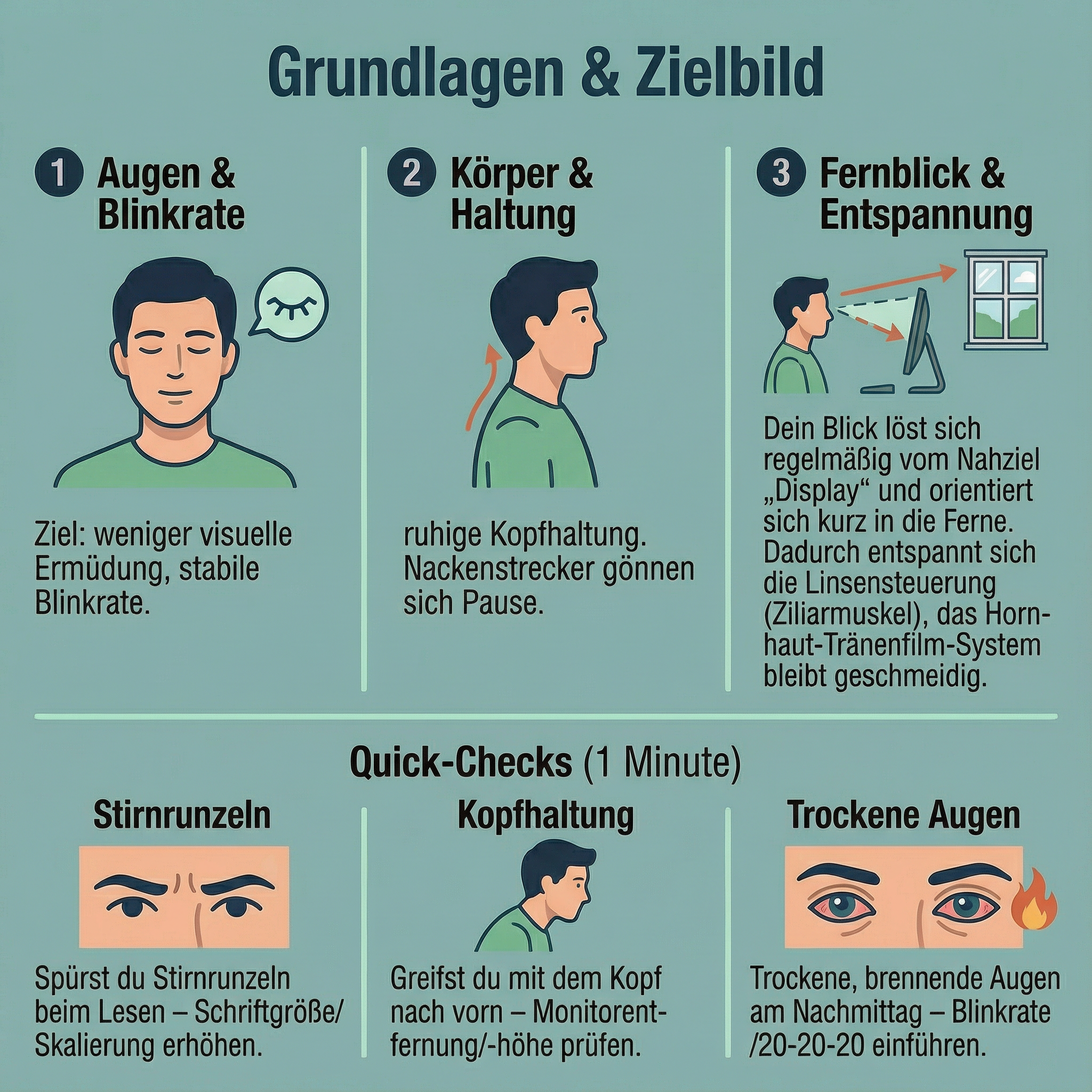 1-Minuten-Quick-Check für entspanntes Sehen am Bildschirm: Zielbild, Blickwechsel und Monitorabstand