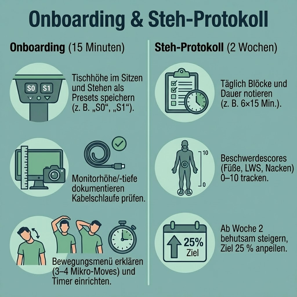 Onboarding & Steh-Protokoll: Tischhöhe im Sitzen/Stehen dokumentieren und kontrollieren